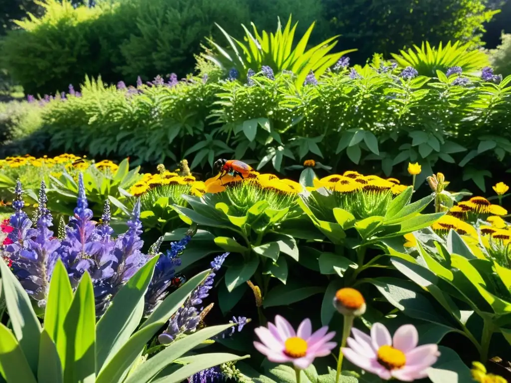 Un ecosistema próspero en un jardín, con una diversidad de plantas y flores, bañado por la luz solar