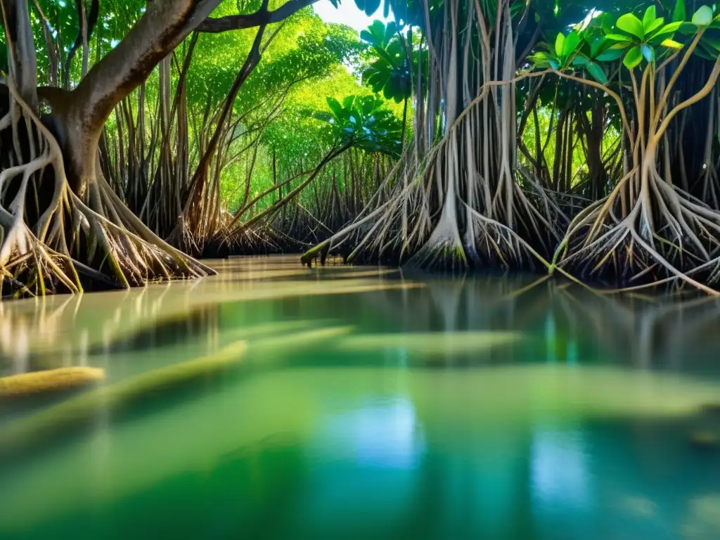 Un ecosistema vibrante de manglares, con raíces entrelazadas y diversa vida vegetal y animal