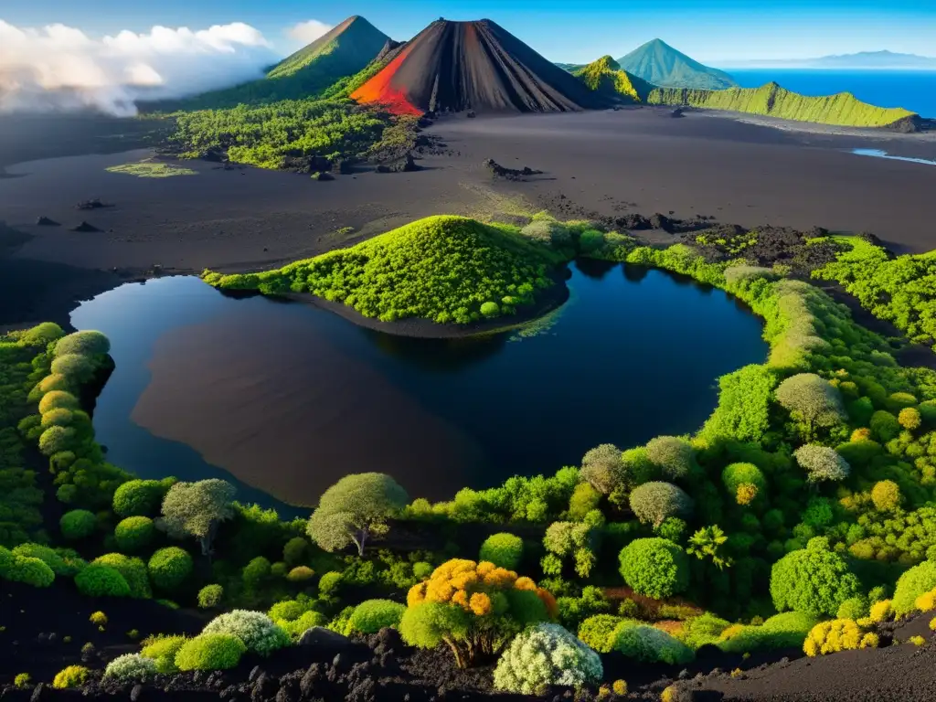 Vida floreciente en ecosistema volcánico Un ecosistema volcánico sorprendente, con su terreno rugoso, vegetación exuberante y fauna única, muestra la adaptabilidad de las especies