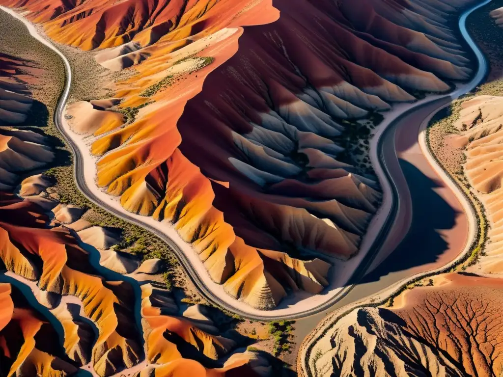 Ecosistemas áridos: paisaje vasto y árido con tonos rojos y anaranjados, patrones de lechos de ríos secos y vegetación dispersa