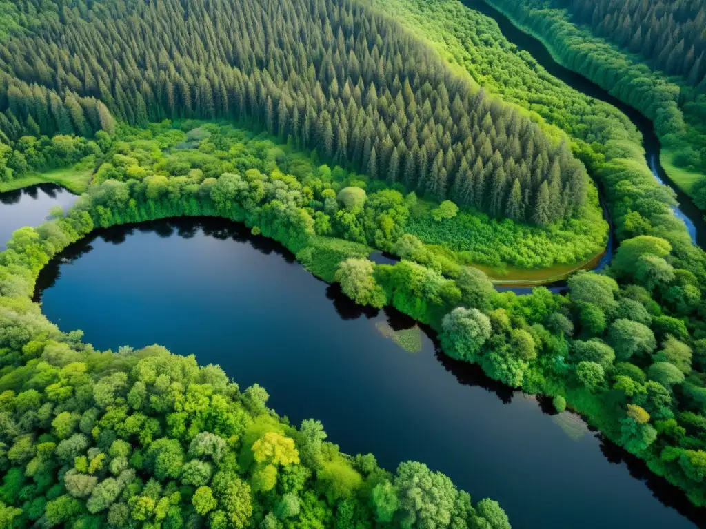 Simulación de Ecosistemas Avanzados: Fotografía aérea de un exuberante bosque con diversidad de especies, un río serpenteante y vida silvestre variada