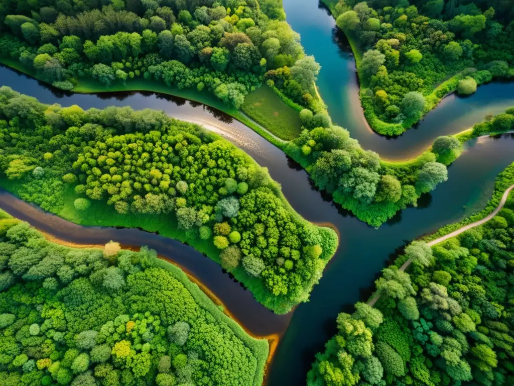 Simulación de Ecosistemas Avanzados: Imagen aérea de un ecosistema exuberante y diverso, con una rica variedad de flora y fauna en detalle