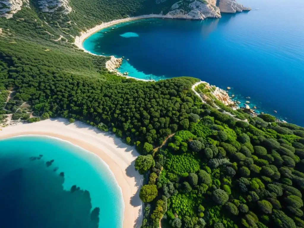 Modela ecosistemas clima Mediterráneo: Vista aérea de la diversidad del Mediterráneo, con costas rocosas, bosques frondosos y aguas azules