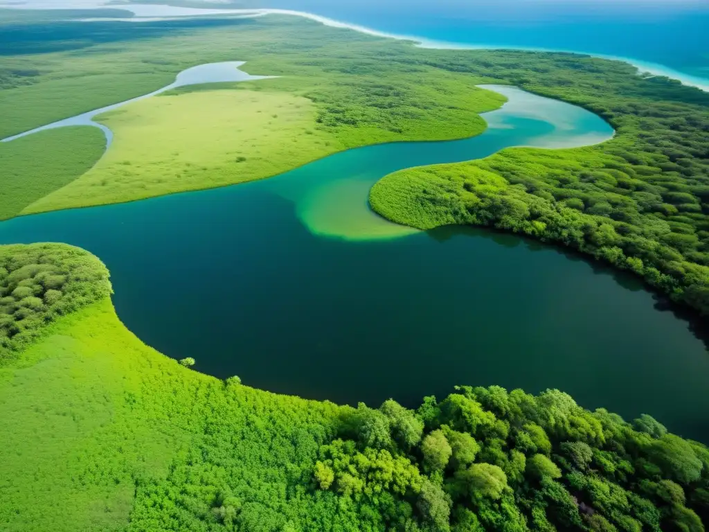 Biorremediación de ecosistemas contaminados: Imagen aérea de un ecosistema exuberante donde científicos realizan investigación y aplican técnicas para revitalizar la naturaleza