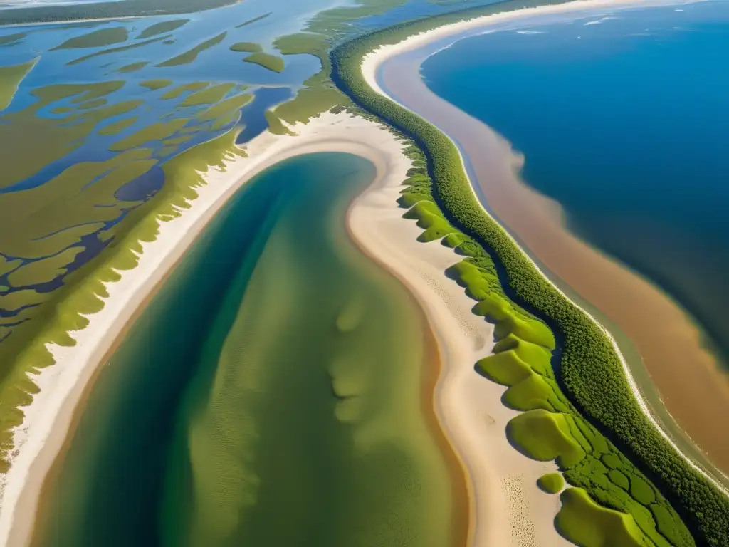 Formación de ecosistemas costeros influenciados por las mareas, con playas, canales y vegetación, en una imagen aérea vibrante y dinámica