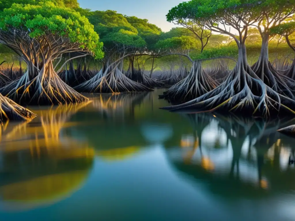 Exploración ecológica de ecosistemas costeros al amanecer, con manglares, aves y vida marina