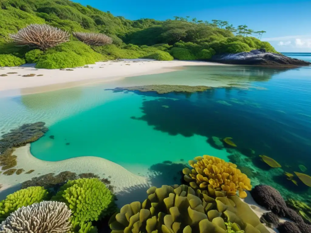 Exploración ecosistemas costeros vida salvaje: Vibrante costa con playa de arena, aguas turquesa, vida marina y atardecer dramático