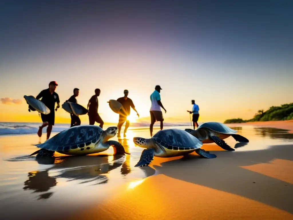 Conservación de la biodiversidad en ecosistemas: Equipo liberando tortugas marinas al atardecer, reflejos del cielo vibrante en el mar