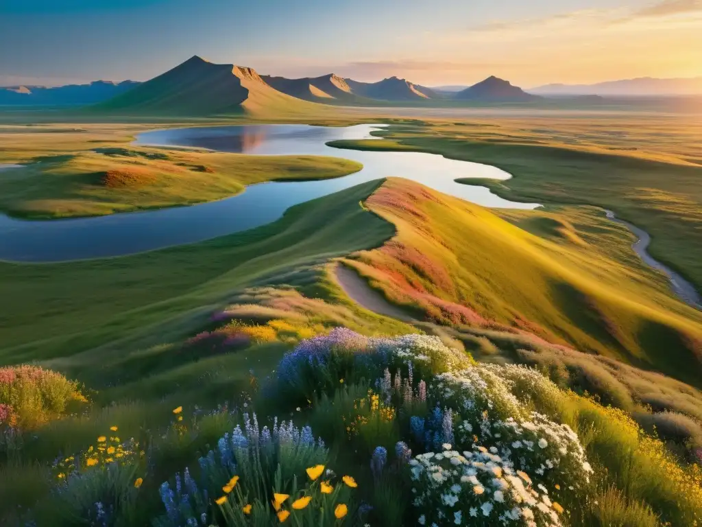 Fotografiando ecosistemas de estepas: un paisaje de estepa vasto y colorido con río y flores silvestres, bañado por la luz del atardecer