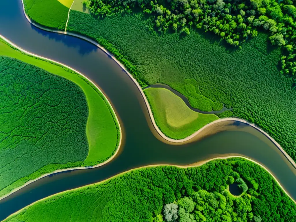 Formación de ecosistemas fluviales por inundaciones: Fotografía aérea de red de ríos, vegetación exuberante y dinámica tierra-agua, con sinuosidad del río y evidencia de inundaciones recientes, resaltando la biodiversidad y el juego de luces y sombras