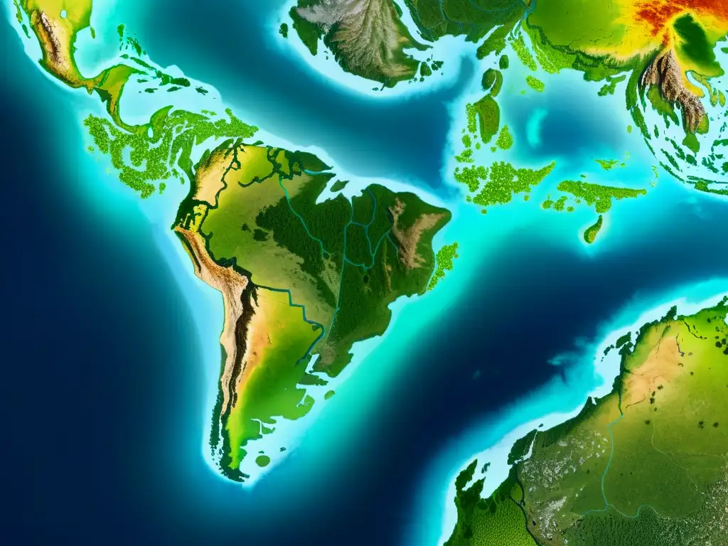 Simulación de ecosistemas globales con datos satelitales: detalle vibrante de la red de ecosistemas terrestres y acuáticos interconectados