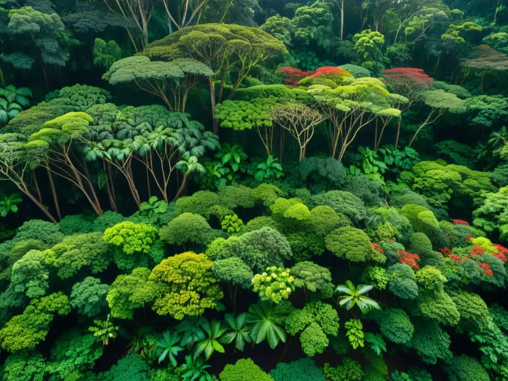 Simulación de ecosistemas globales: Impresionante dosel de selva tropical con luz filtrada entre hojas, creando patrones de sombra y color