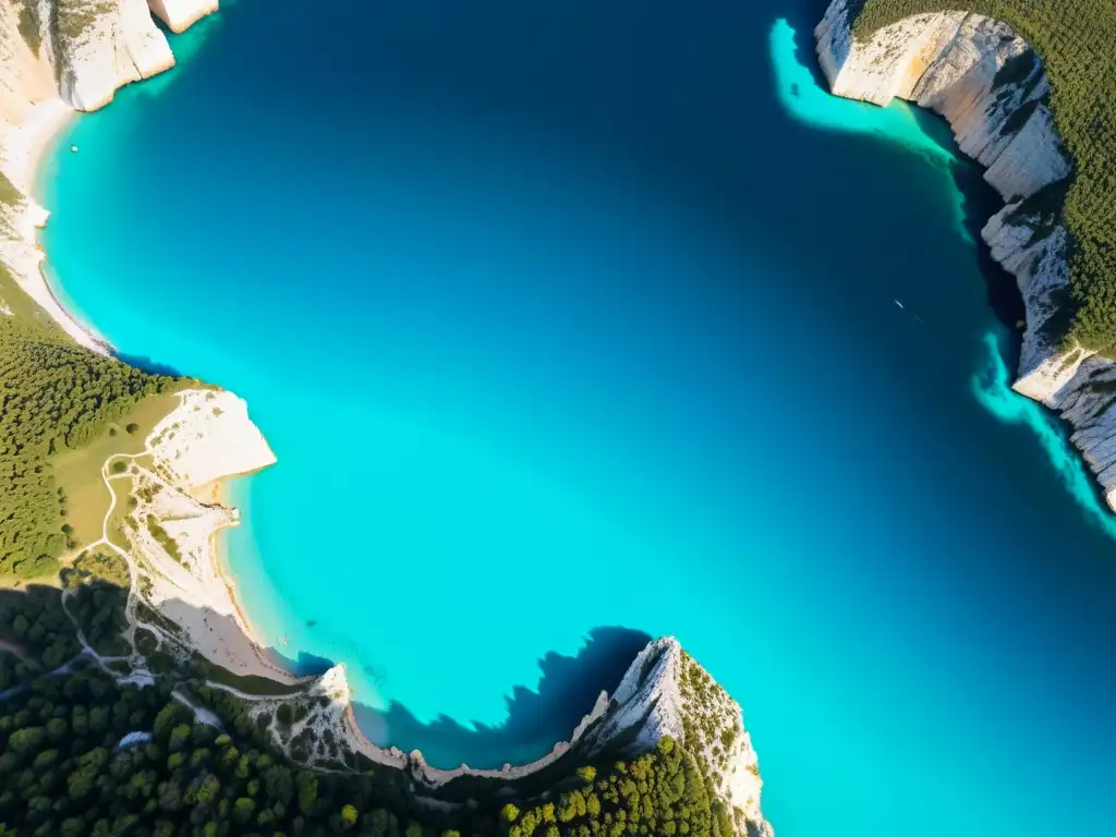 Ecosistemas kársticos del Mediterráneo: impresionante vista aérea de acantilados y cuevas con sombras y aguas turquesas