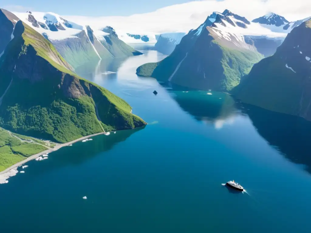 Ecosistemas marinos de alta latitud: vista aérea impresionante de fiordo helado rodeado de montañas nevadas, icebergs flotantes y vida salvaje marina