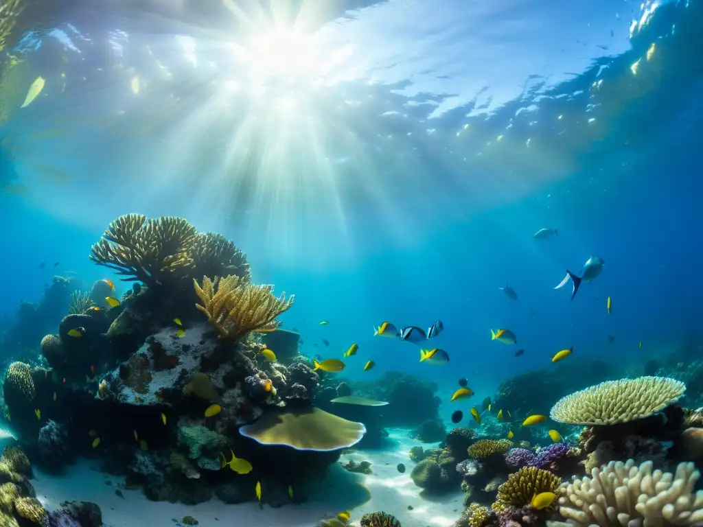 Una fotografía de ecosistemas marinos, con un arrecife de coral vibrante, peces coloridos, plantas marinas y formaciones rocosas