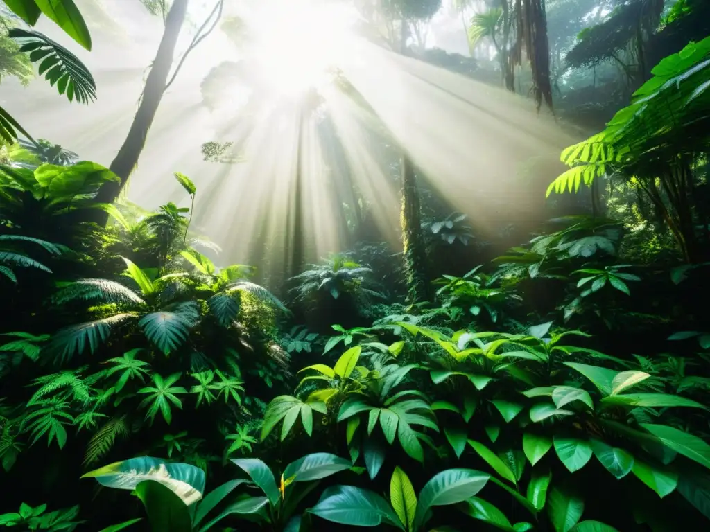 Fotografía de ecosistemas naturales: Un exuberante bosque tropical con árboles altos y diversa vegetación, iluminado por el sol entre las copas