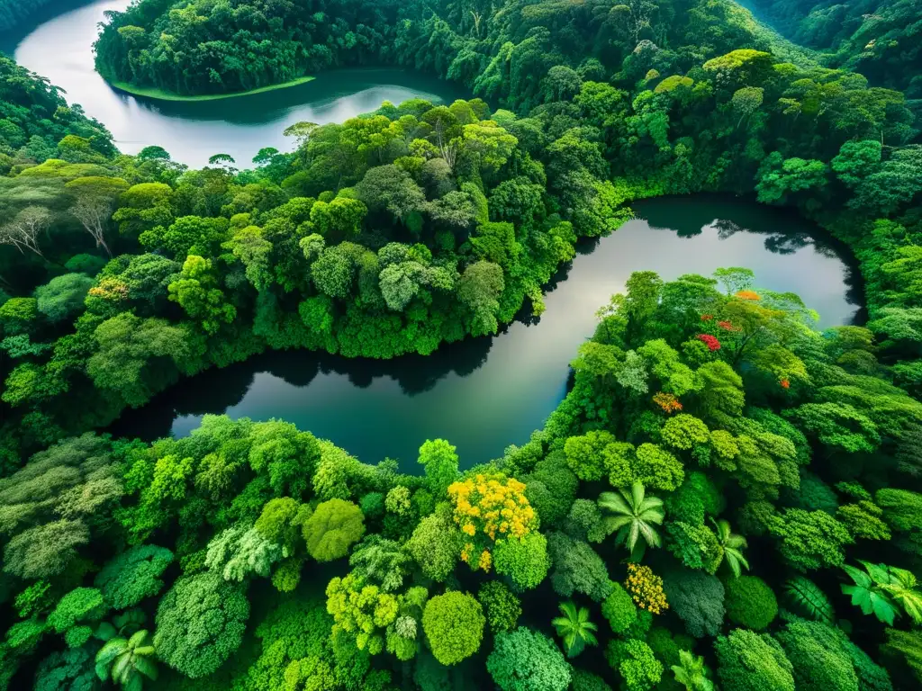 Una fotografía de ecosistemas naturales: un exuberante y frondoso bosque capturado desde las alturas, con un juego hipnótico de luz y sombra