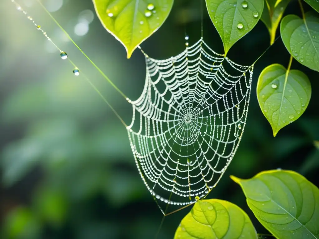 Una fotografía científica de ecosistemas naturales: una intrincada telaraña cubierta de rocío entre hojas vibrantes en un bosque exuberante