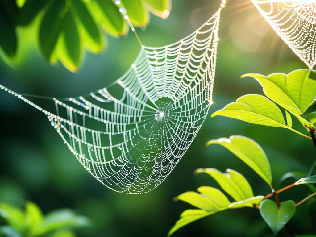 Fotografía científica de ecosistemas naturales: Una tela de araña delicada llena de rocío, entre hojas verdes en un bosque exuberante