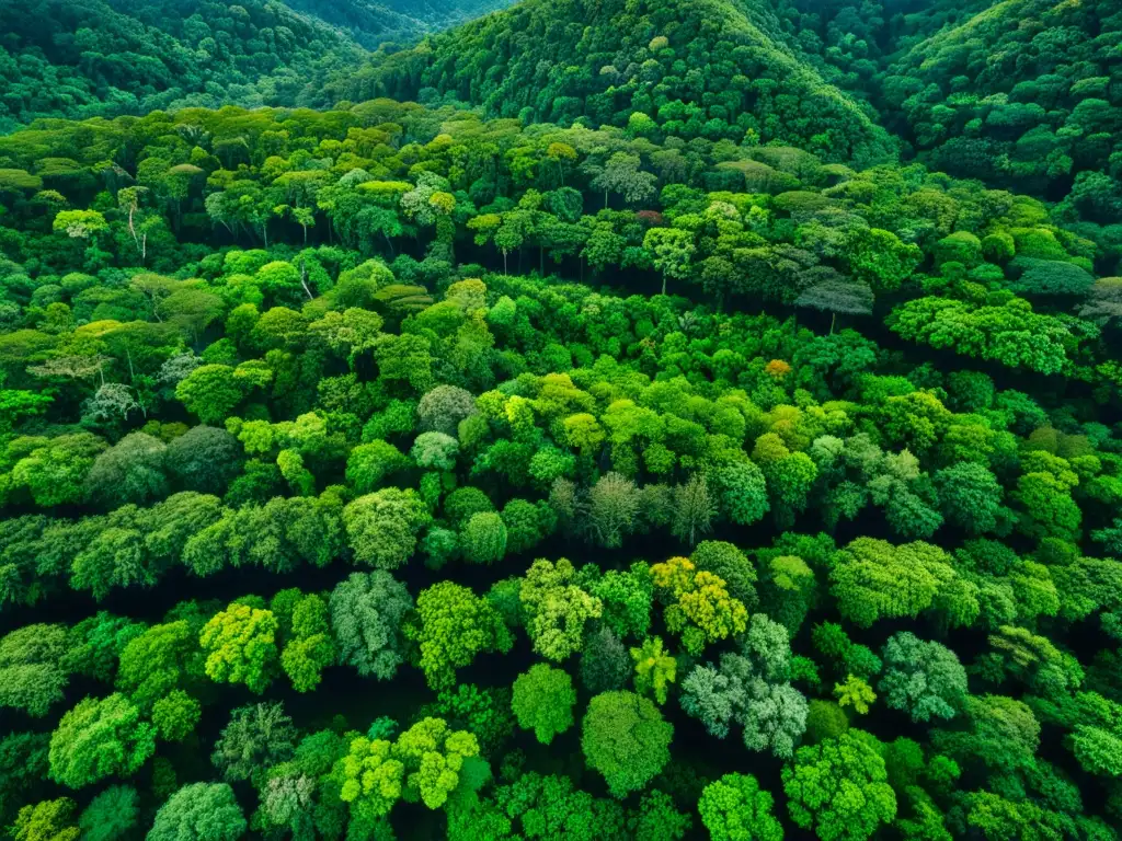 Fotografía científica de ecosistemas naturales: Vista aérea de exuberante selva lluviosa con diversa flora y fauna, ríos y luz solar filtrándose entre el dosel