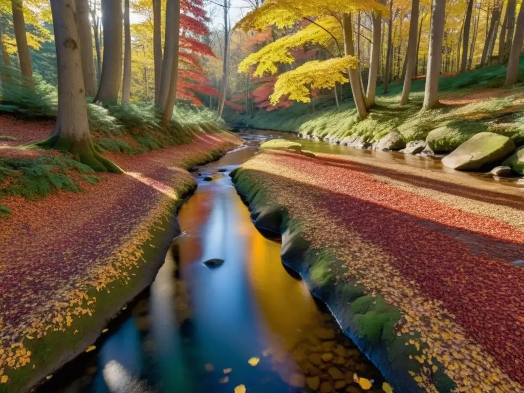 Descubriendo ecosistemas ocultos: bosques templados en pleno otoño, con una paleta rica de colores cálidos, vida silvestre y atmósfera acogedora