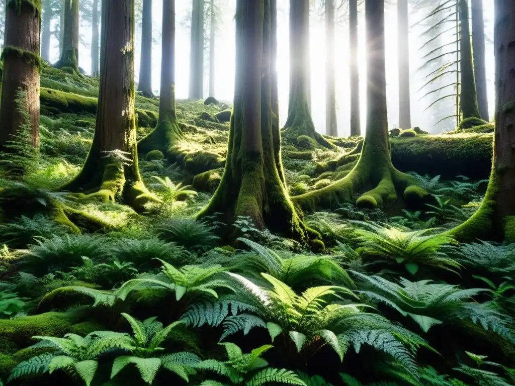 Descubriendo ecosistemas ocultos: mágico bosque templado con árboles gigantes, helechos y flores silvestres bajo la luz del sol