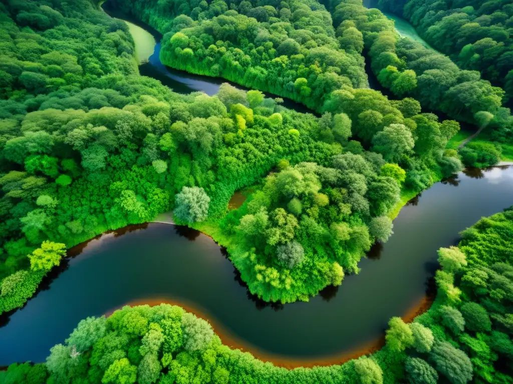 Transformación de ecosistemas ríos alimentan: un río serpenteante fluye entre un exuberante bosque verde, reflejando la vida vibrante que sustenta