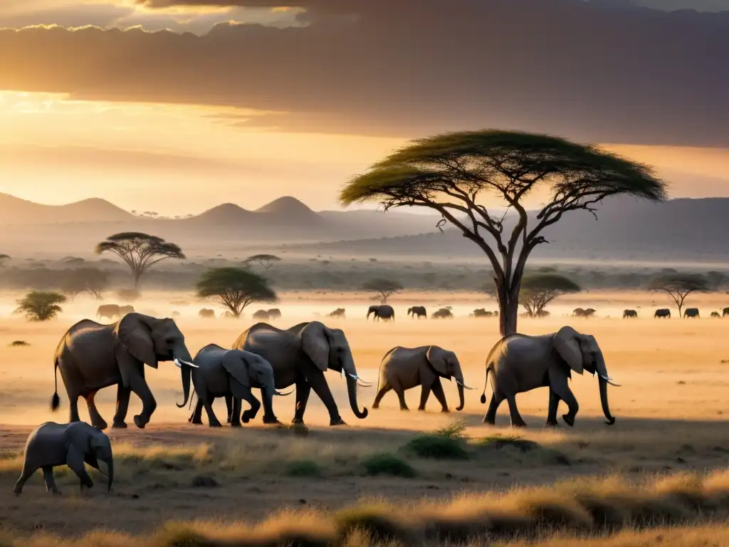 Comunicación animal en ecosistemas sabana: paisaje de sabana al atardecer con elefantes, leones y una sinfonía de sonidos naturales