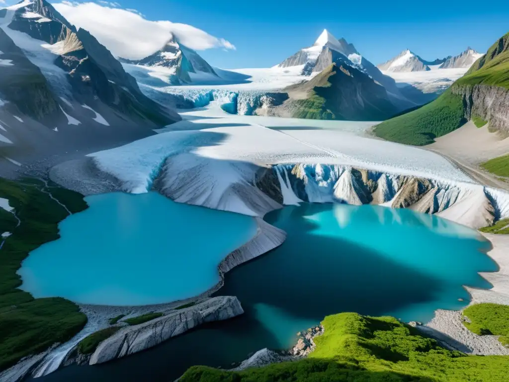 Ecosistemas surgidos última era glaciar: Glaciar imponente, valles prósperos y montañas nevadas en paisaje 8k