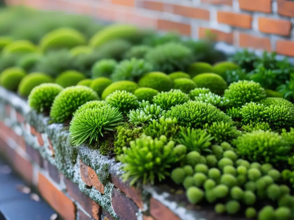 Biodiversidad en ecosistemas urbanos: Detalle de muro de ladrillos cubierto de musgo verde en una ciudad bulliciosa