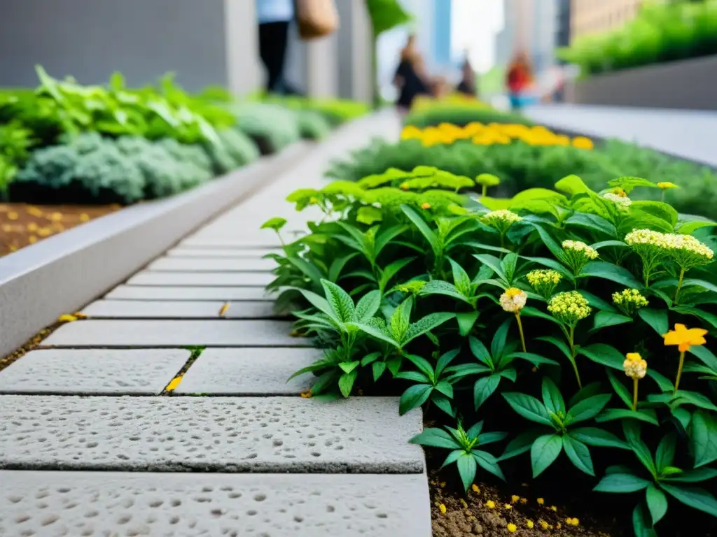 Biodiversidad en ecosistemas urbanos: Detalle de la vida vegetal en la bulliciosa acera de la ciudad, resaltando la belleza natural en lo urbano