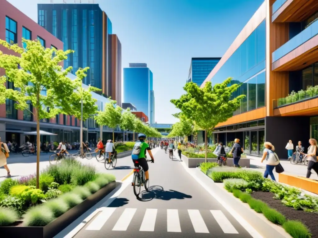 Simulación de ecosistemas urbanos sostenibles: Calles vibrantes y sostenibles, con diversidad de personas, ciclistas y transporte público, infraestructura verde y energía renovable