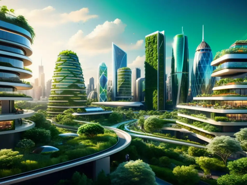 Simulación ecosistemas urbanos sostenibles: Vista futurista de una ciudad sostenible integrada con la naturaleza y energías renovables