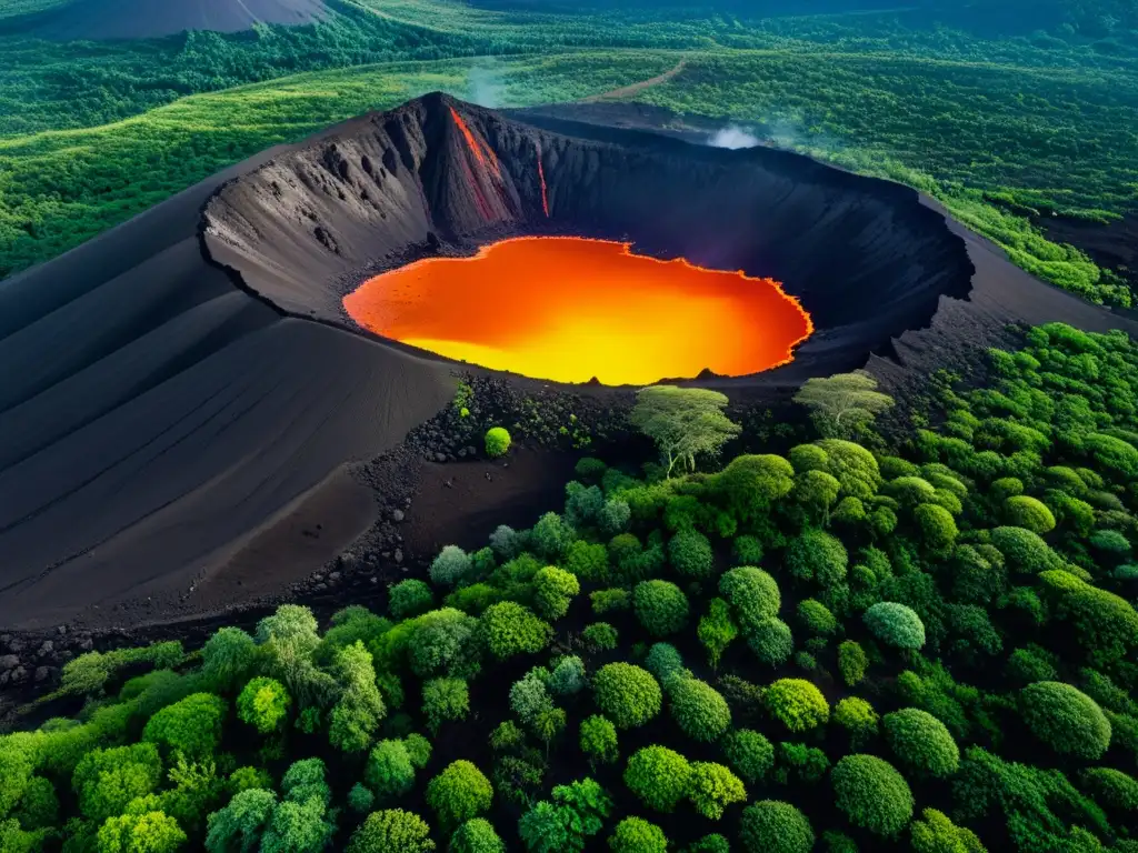 Formación de ecosistemas en volcanes: imagen impactante de un paisaje volcánico con exuberante vegetación y diversa vida vegetal