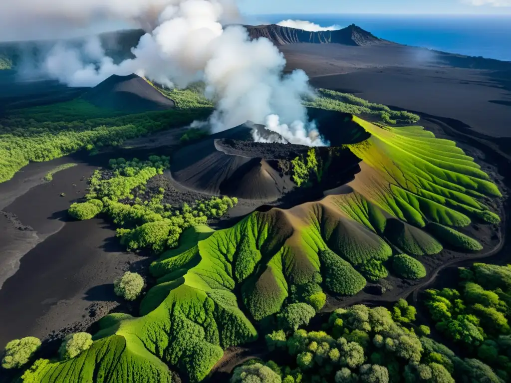 Formación de ecosistemas en volcanes: Impactante paisaje volcánico con capas de lava, vegetación vibrante y contrastes de luz y sombra