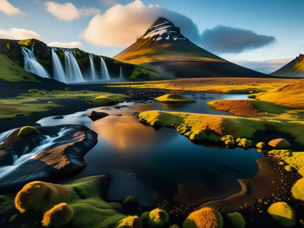 Ecoturismo en Islandia entre volcanes: Paisaje volcánico impresionante con montañas nevadas, géiseres y rocas cubiertas de musgo