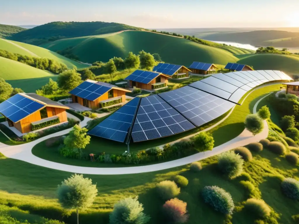 Un ecovillage sostenible, con paneles solares y turbinas eólicas integrados en el paisaje