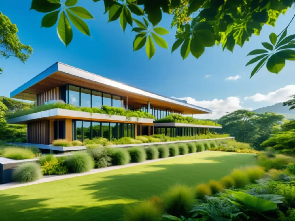Edificio de arquitectura verde integrado en la naturaleza, respetando la biodiversidad