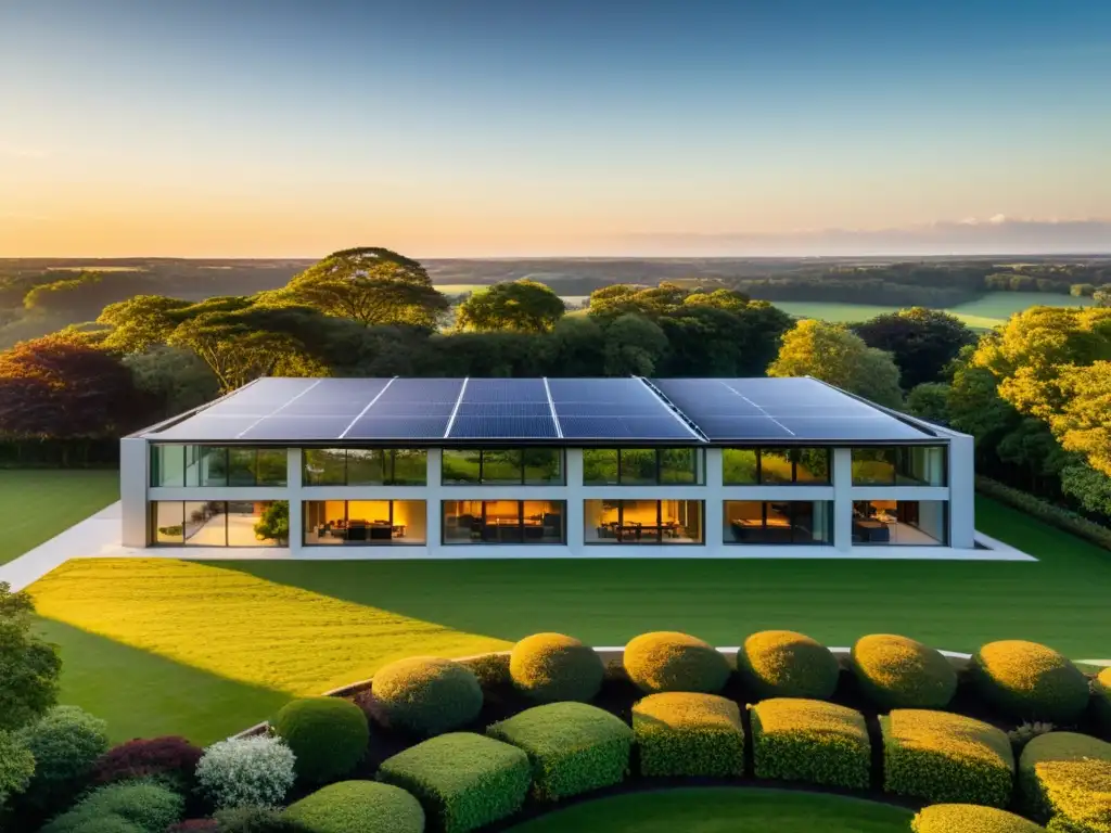 Un edificio certificado LEED en arquitectura sostenible, con paneles solares en el techo, rodeado de exuberante vegetación al atardecer