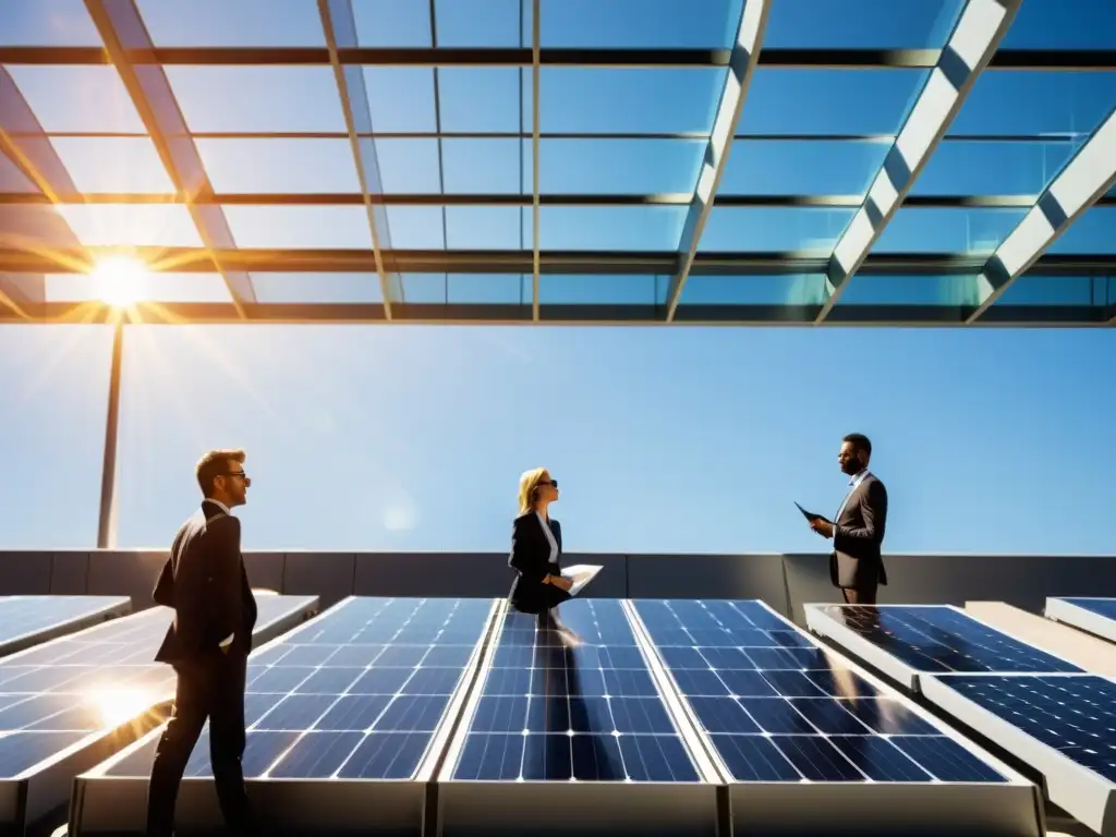 Edificio corporativo con paneles solares en el techo, reflejando el sol