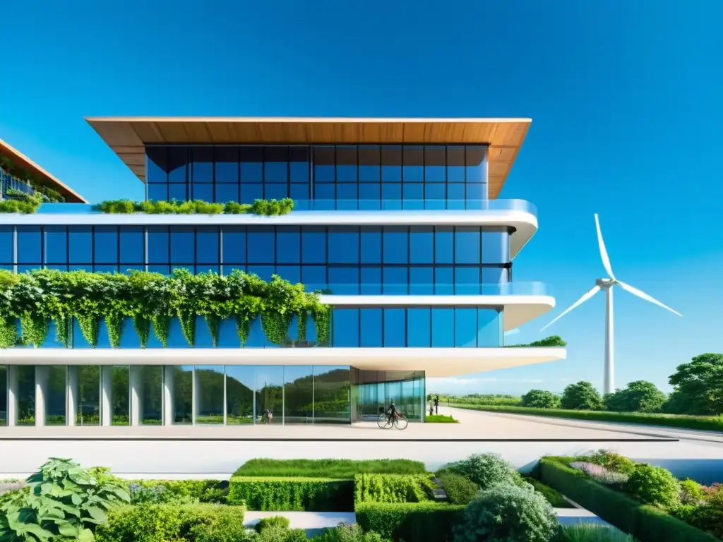 Edificio futurista sostenible con vegetación exuberante y energía renovable, reflejando innovación y Certificaciones LEED para arquitectura sostenible