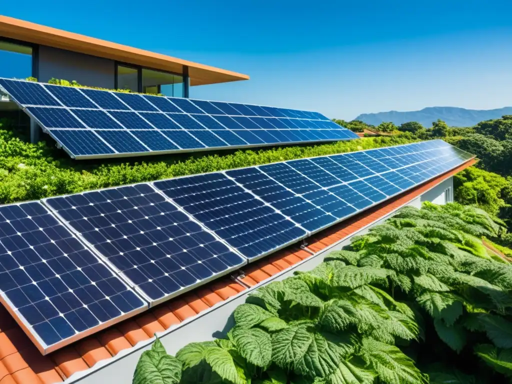 Un edificio moderno y eficiente energéticamente con paneles solares en el techo, rodeado de exuberante vegetación y cielos despejados