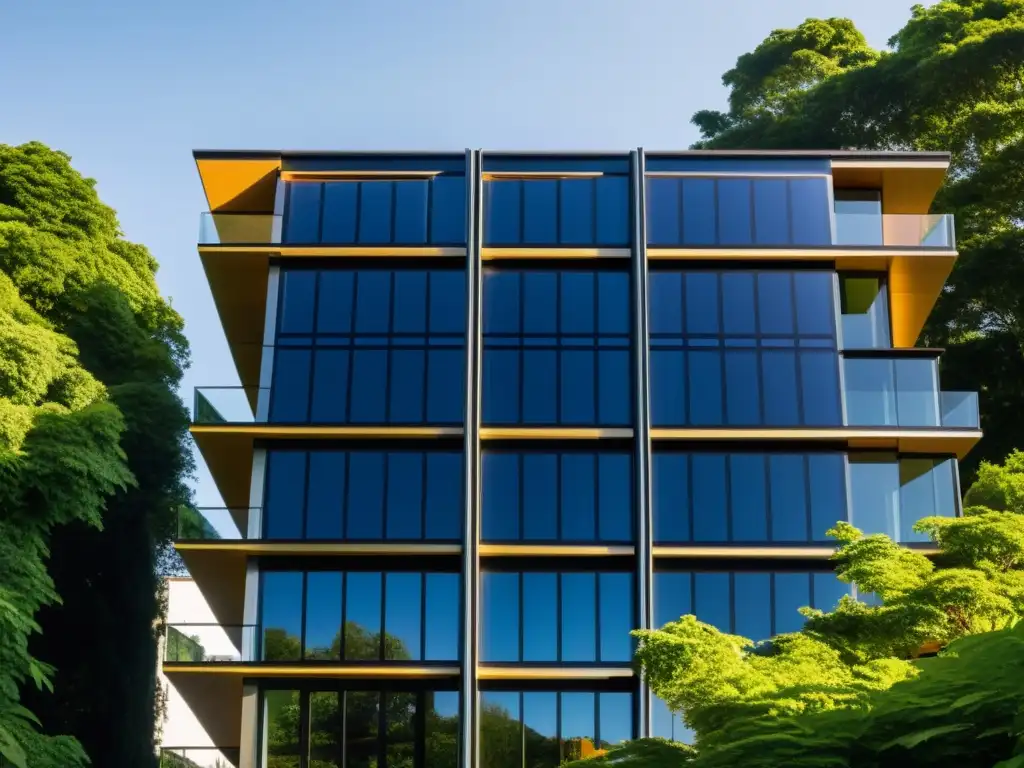 Edificio moderno con paneles solares integrados, bañados por la cálido luz del sol