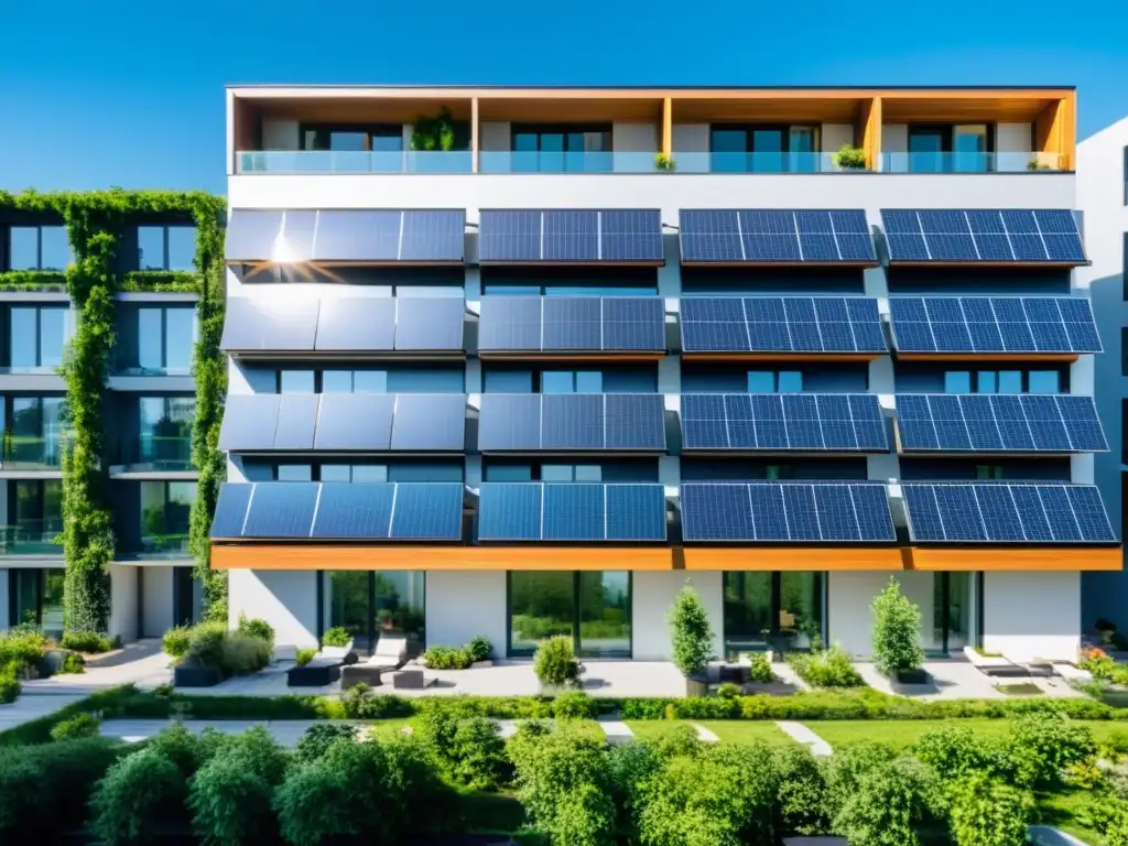 Un edificio moderno con paneles solares en el techo, rodeado de vegetación, personas caminando y en bicicleta