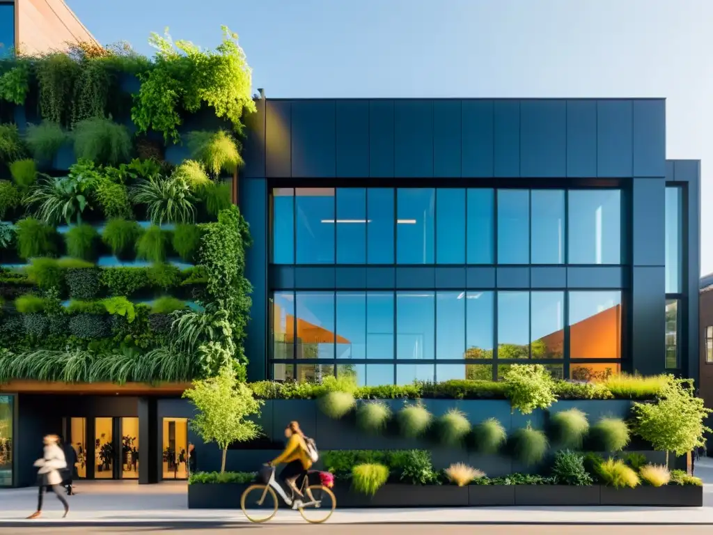 Un edificio moderno con pared verde, gente entrando y saliendo con bolsas reutilizables y bicicletas