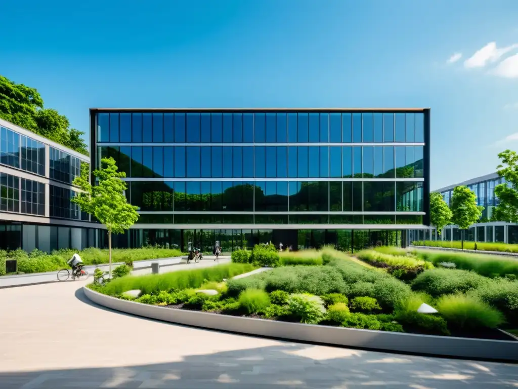 Edificio de oficinas moderno rodeado de vegetación, paneles solares en el techo y Certificaciones BREEAM desarrollo sostenible