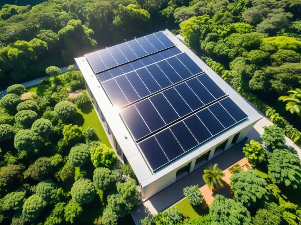 Edificio renovado con paneles solares, rodeado de naturaleza