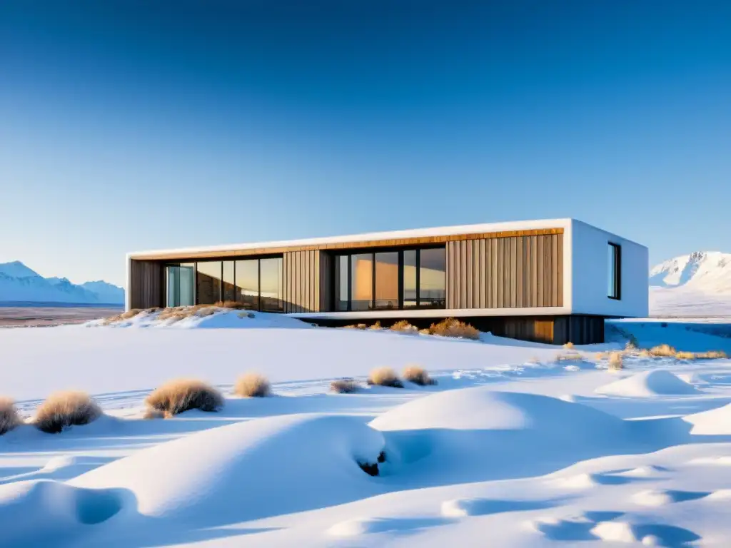 Edificio sostenible en paisaje nevado: armonía natural y diseño eco Edificio sostenible integrado en el paisaje de la tundra nevada, con materiales ecoamigables
