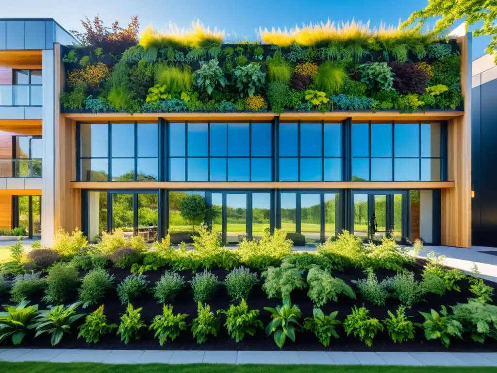 Edificio sostenible con paneles solares y muro verde, rodeado de naturaleza