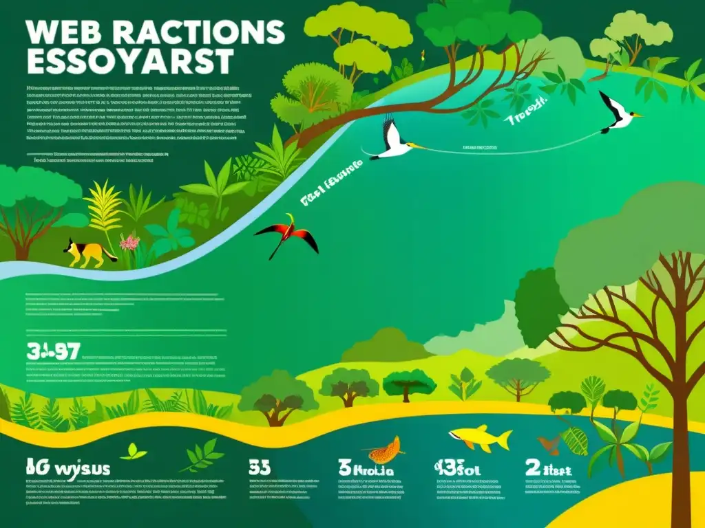 Infografía educativa: ecosistema tropical con flora, fauna y procesos naturales representados de forma detallada en un estilo documental